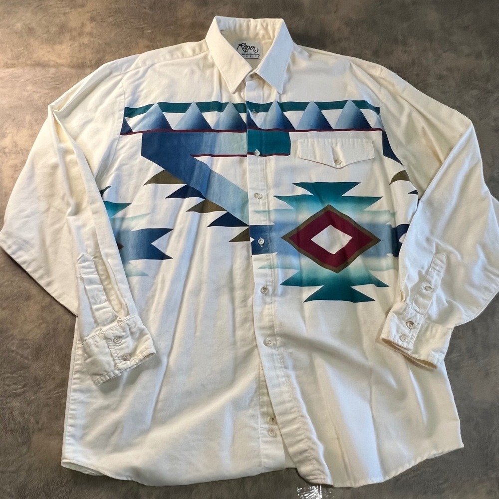 Roper Rodeo Blue Shirt Mens Size L White Western Made in USA Aztec Navajo VTG